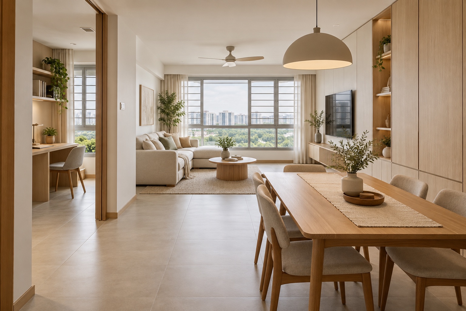 Conceptual Singapore 5-room BTO living and dining room with oak storage and a study nook