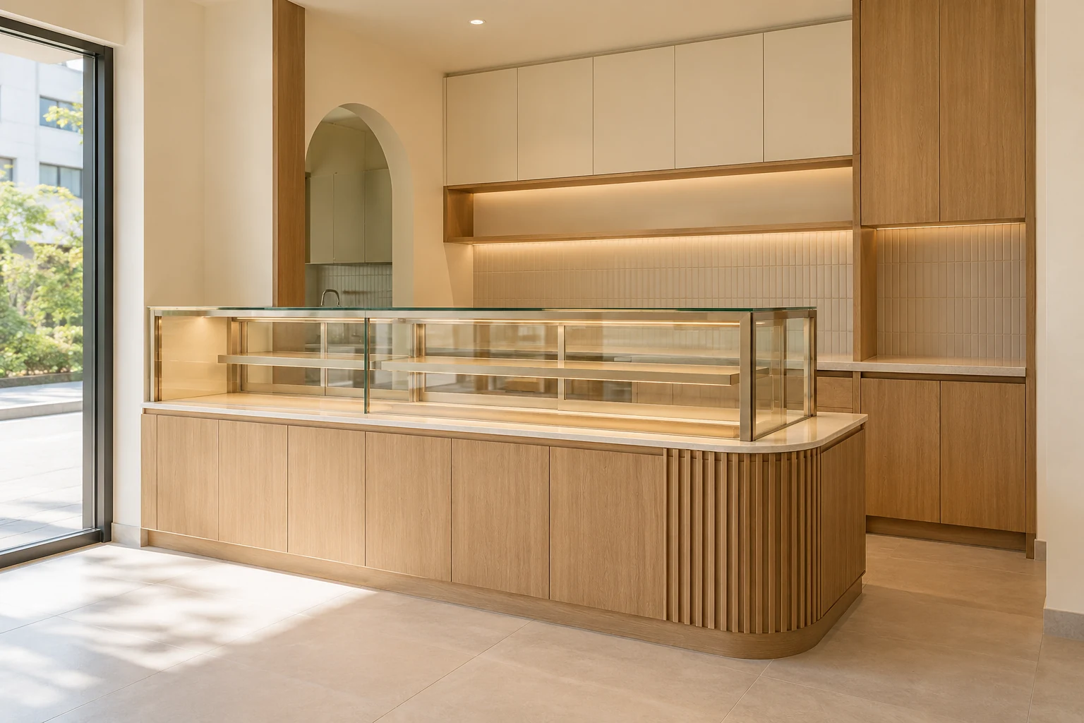 A compact Singapore bakery fixed oak-and-glass display counter, integrated rear fitted storage and pale cream walls, empty display and no tables or chairs interior concept