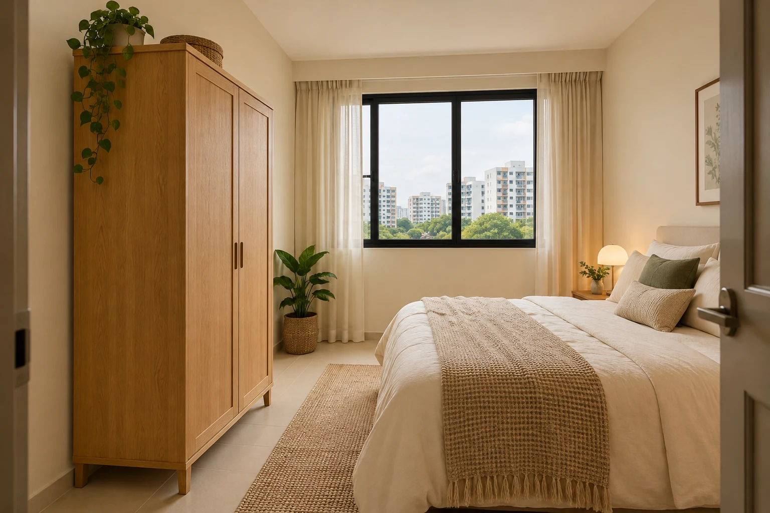 A Singapore HDB bedroom with a simple oak freestanding wardrobe, cream bed and uncluttered usable walkway interior concept