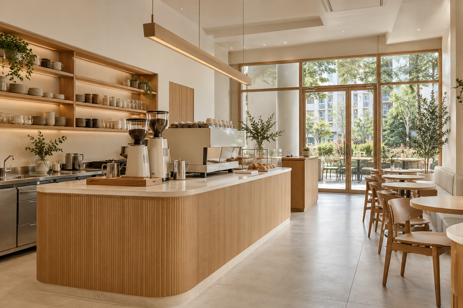 A compact Singapore cafe with oak counter, cream worktop, unbranded espresso equipment and practical service route interior concept