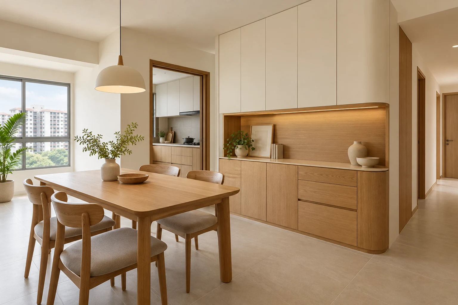 A Singapore HDB dining area with precisely fitted oak sideboard and cream full-height storage interior concept
