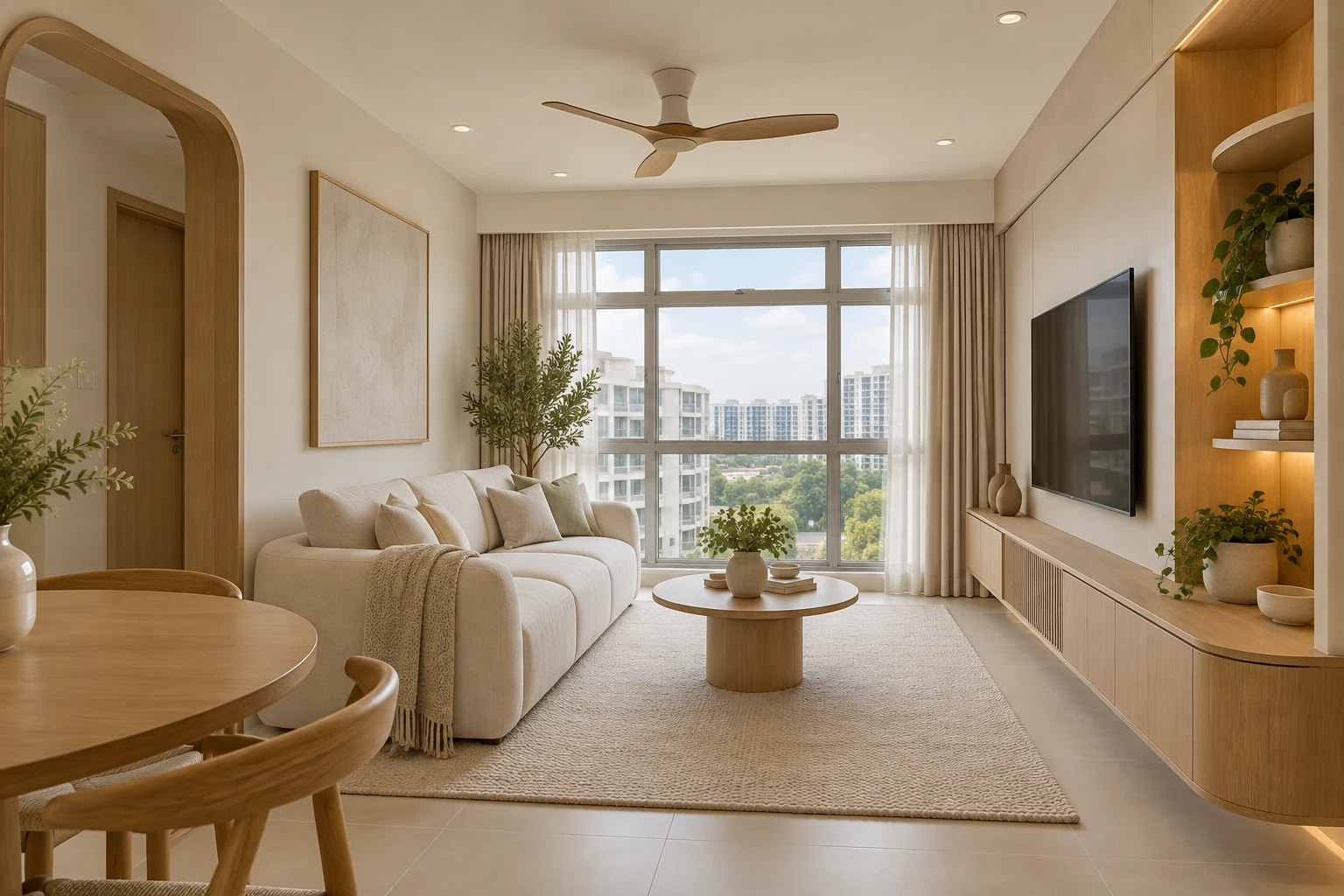 A finished Singapore BTO living room with cream sofa, warm oak cabinets and restrained soft curves interior concept