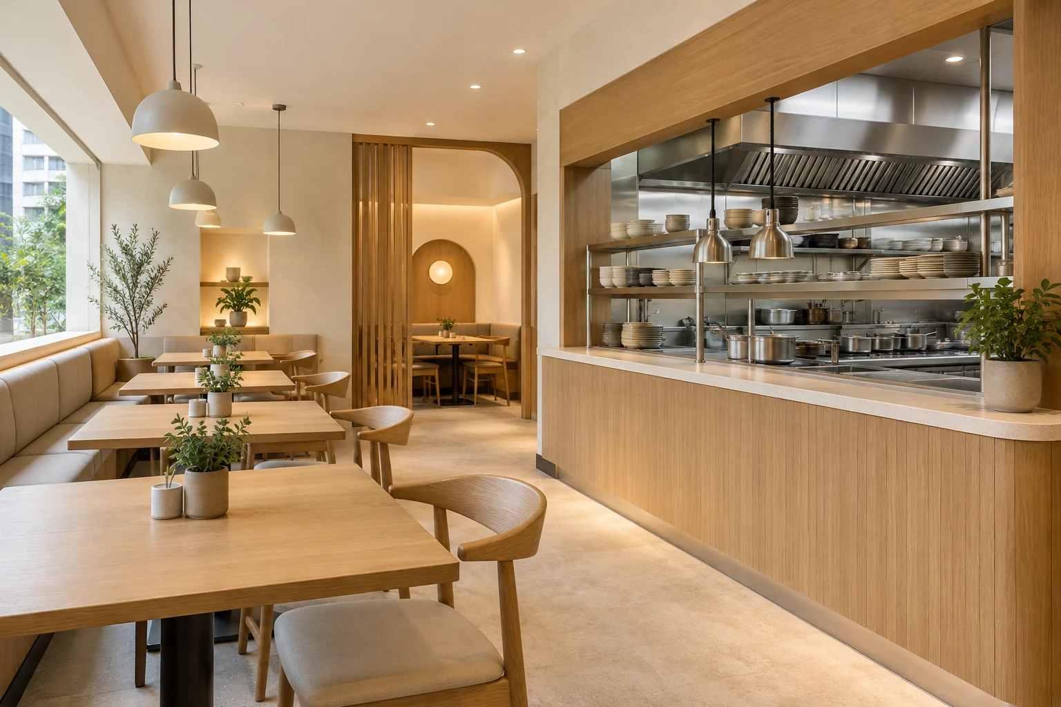 A realistic compact Singapore restaurant with cream oak dining area and a glimpse through a pass of a clean unbranded stainless commercial kitchen interior concept
