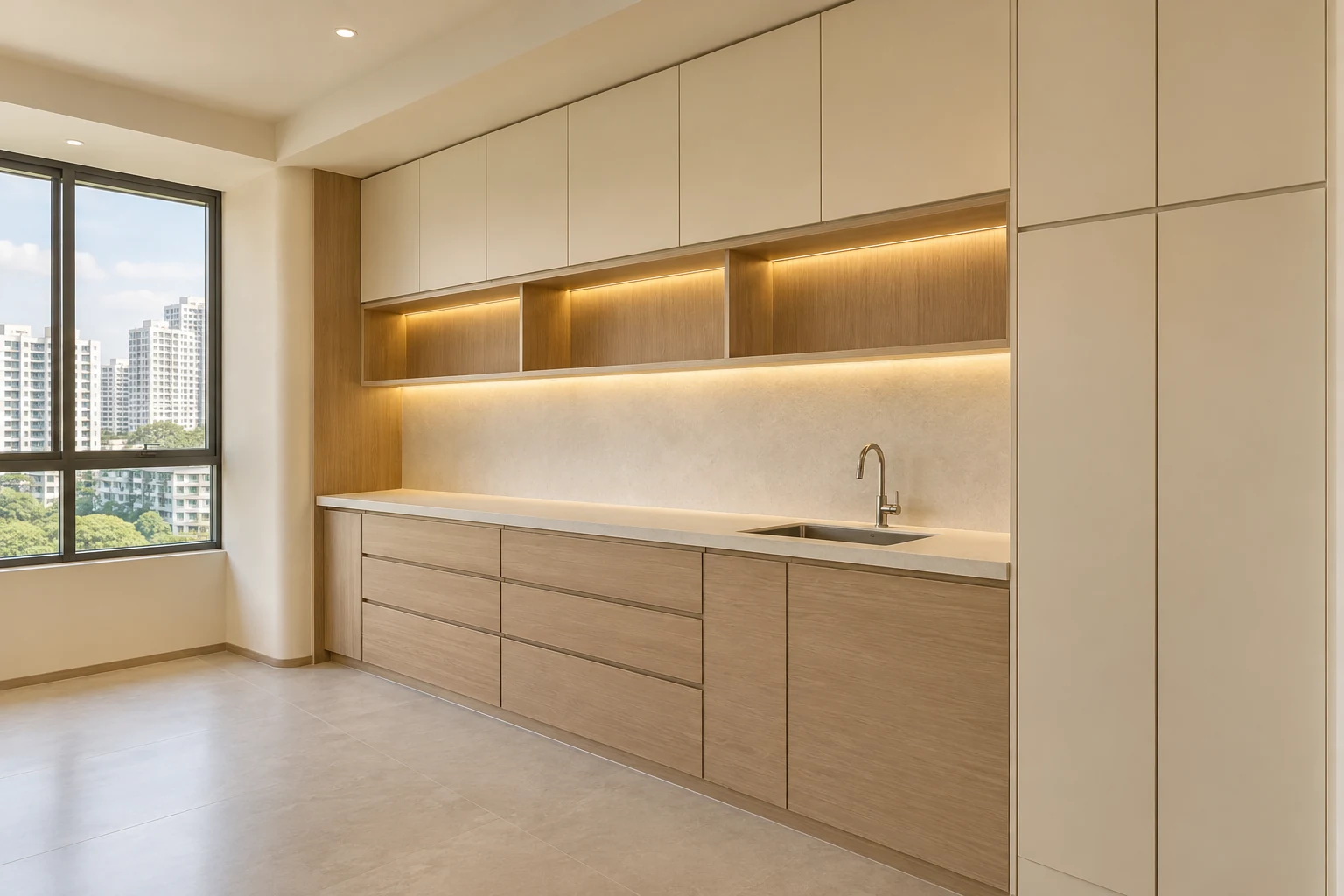 A Singapore hair salon fitted colour-mixing work wall with oak drawers, cream counter, fixed sink and integrated closed product storage, no chairs or bottles interior concept