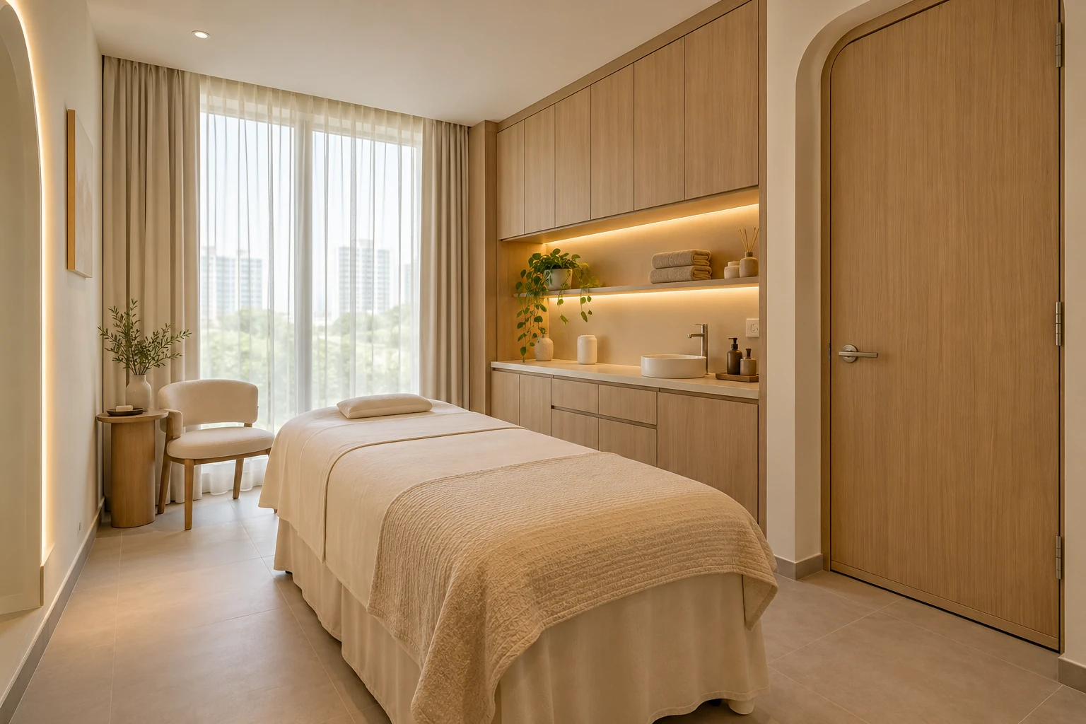 A realistic non-medical Singapore beauty salon treatment room with cream treatment bed, warm oak storage, privacy door and soft task lighting, no medical equipment interior concept